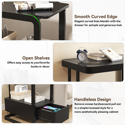 23.6" Tall Narrow Side Table with Drawer and Open Shelf – Modern End Table for Sofa, Couch & Small Spaces, Steel Frame, Lacquered Top, Nightstand for Bedroom, Living Room, Dorm, Black