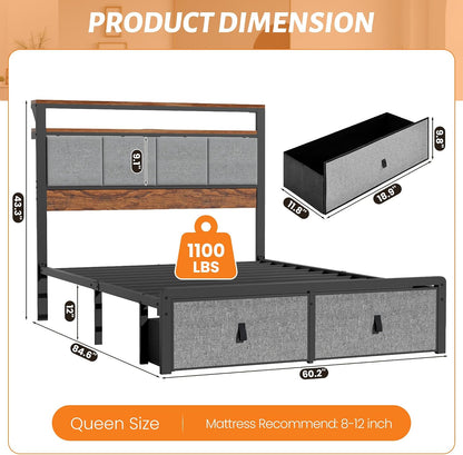 Queen Bed Frame with 2 Storage Drawers & Charging Station, Headboard, Grey