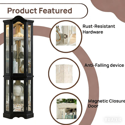 70" Lighted Corner Curio Cabinet,Inside Mirror Corner Glass Display Case with Tempered Glass Door for Living Room, Antique Collectibles, Wine & Bar Glass Storage, Lights Included