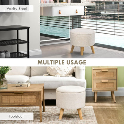 Storage Ottoman, Round Stool Chair with Cushioned Top, Cream White