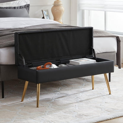 Gitrah Storage Bench Entryway Bench End of Bed Bench Ottoman Upholstered Faux Leather Bedroom Bench Tufted Bench with Golden Legs 40" Black Bench