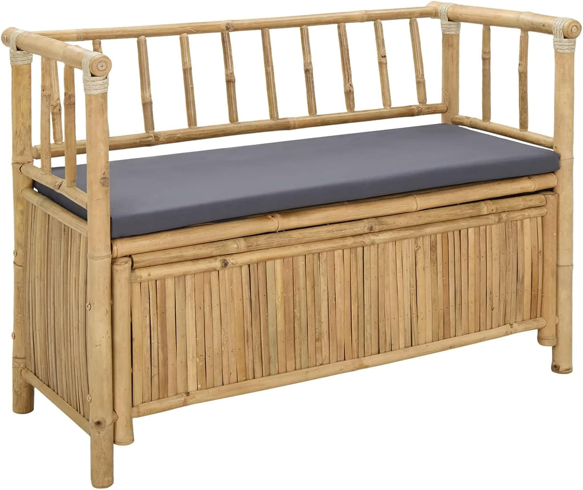 Natural Bamboo Garden Storage Bench 110x47x80 cm, Outdoor Patio Seat with Hidden Storage Compartment, Post Leg Design for Modern or Rustic Decor, Easy Assembly Required