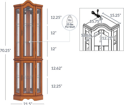 BELLEZE Lighted 3-Side Glass Display Curio Cabinet w/Tempered Glass Doors and Shelves, Curved Wood Corner Cabinet with Bulb, Corner Storage Rack for Living Room and Kitchen (Oak)