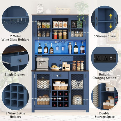70.9" Kitchen Pantry Cabinet with LED Lights, Rustic Farmhouse Buffet Hutch with Wine Rack, Storage Cabinet with USB Charging Station, Coffee Bar Cabinet for Dining Room