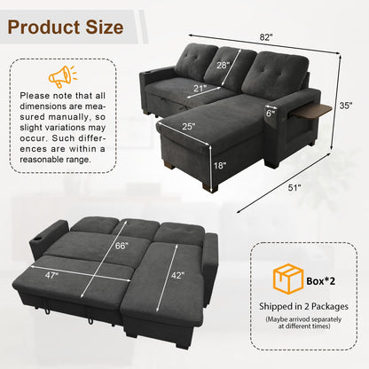 KCGKCG 82" L Shaped Sleeper Sofa Bed, Pull Out Couch Bed with Storage Chaise/Reclining Backrest, Sectional Couches for Living Room with USB Port, Foldable Table, Cup Holder, Side Pocket, Deep Grey