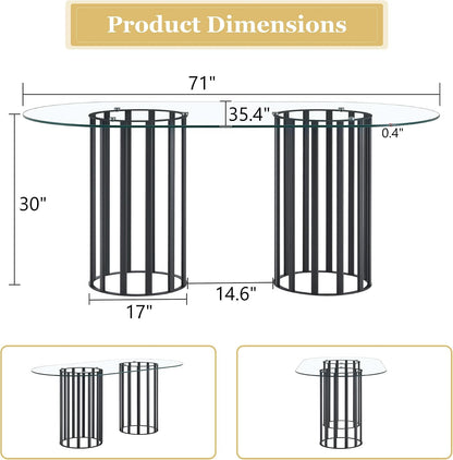 Oval Tempered Glass Dining Table for 4-8 People, 71'' Tall Kitchen Tables for Small Spaces, Modern Dinning Room Furniture, Metal Pillar Base, for Living Room, Kitchen, Dining Room, Black