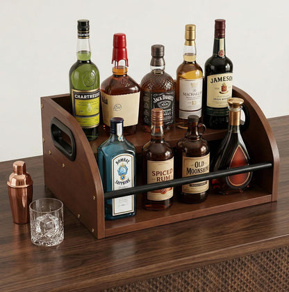 Wooden Wine Rack Display Shelf, 2-Tier Countertop Organizer and Liquor Bottle Display Shelf for Home Bar, Wine Bottle Holder with Open Front Storage, Rustic Bar Accessories Stand for Cabinet