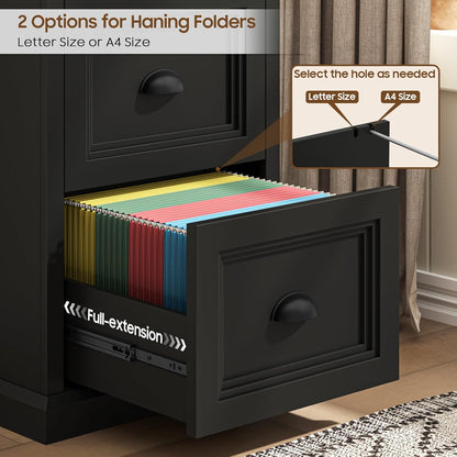 Halitaa Vertical File Cabinet, Filing Cabinet with 2 File Drawers, Farmhouse Small File Cabinet Fits Letter/A4 Size, Wooden Printer Stand, Under Desk Cabinets for Home Office, Black