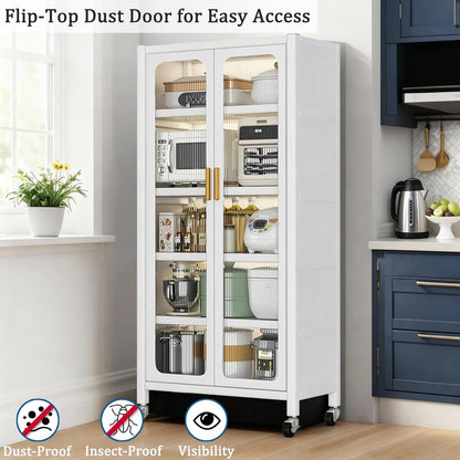 65" Metal Kitchen Cabinet with Transparent Doors, 6-Tier Rolling Pantry Cabinet on Wheels - Sturdy Adjustable Shelves, Mobile Storage Buffet Cabinet for Kitchen, Living Room, Dining Room(White)