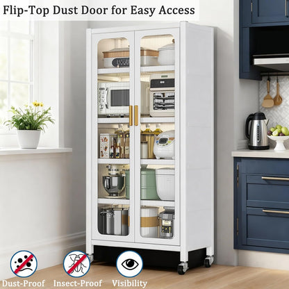 65" Tall Freestanding Kitchen Pantry Cabinet, 6-Tier Metal Food Pantry Storage Cabinet with Transparent Door, Adjustable Shelves and Rolling Wheels,Display Cabinet for Kitchen, Living Room,White