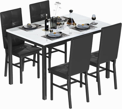 Hooseng Dining Table Set for 4, Faux Marble Small Kitchen Table with 4 PU Leather Chairs, Modern 5 Piece Dinner Table Set for Dining Room, Breakfast Nook, Samll Space, White & Black