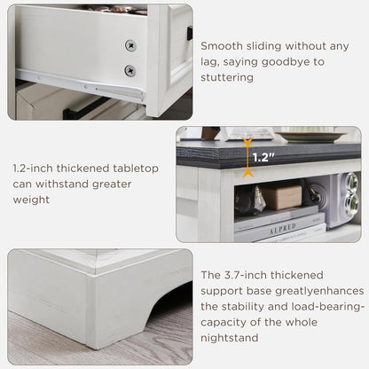 ACCOHOHO 18" Farmhouse Nightstand Set of 2 with Charging Station,End Table with 2 Drawers Storage,Side Table,Bedside Cabinet for Bedroom,Living Room, Antique White