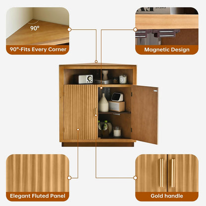 Ahokua Corner Storage Cabinet with Fluted Hand-Carved Doors, riangular Accent Cabinet with Adjustable Shelf & Gold Handles for Living Room or Entryway, Boho Style, Warm Oak