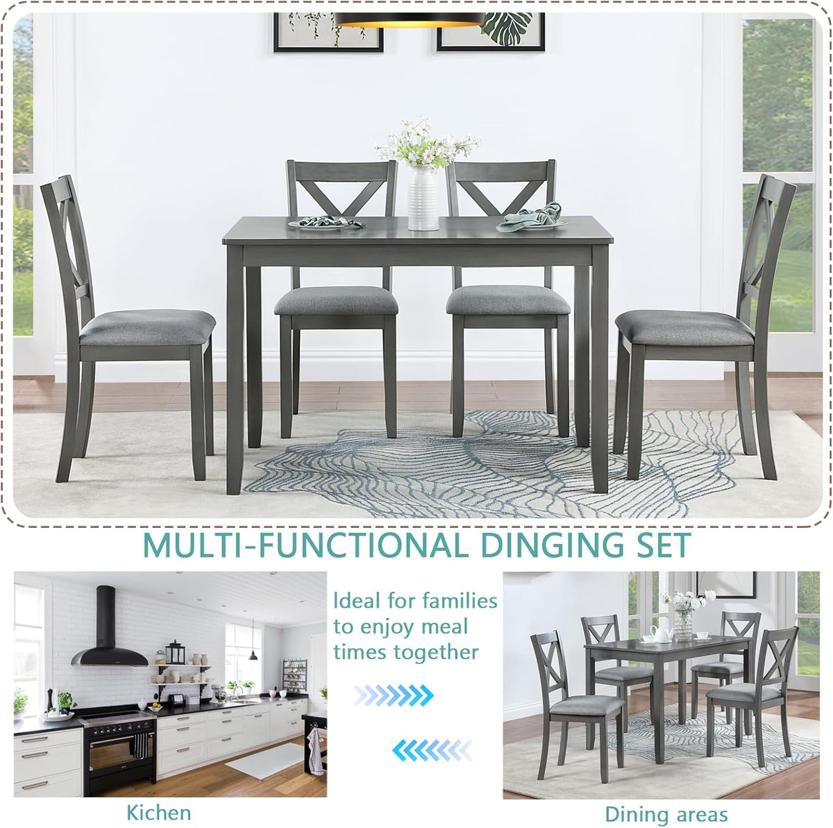 LUMISOL 5-Piece Dining Table Set for 4, Farmhouse Kitchen Table Set with 4 Upholstered Chairs, Wood Table and Chairs Set for Dining Room, Kitchen, Small Space, Grey