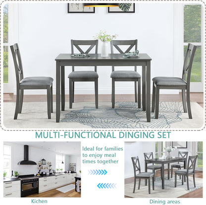 LUMISOL 5-Piece Dining Table Set for 4, Farmhouse Kitchen Table Set with 4 Upholstered Chairs, Wood Table and Chairs Set for Dining Room, Kitchen, Small Space, Grey