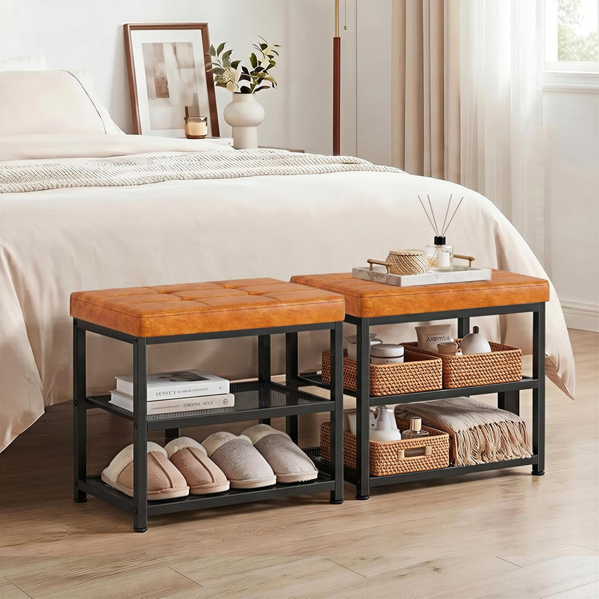 Small Shoe Storage Bench with PU Leather Seat Cushion, 3-Tier Freestanding Shoe Rack Organizer for Entryway, Heavy-Duty Metal Mesh Shelves, Supports Up to 300 lbs, Brown (15.7"x11.4"x17.5")