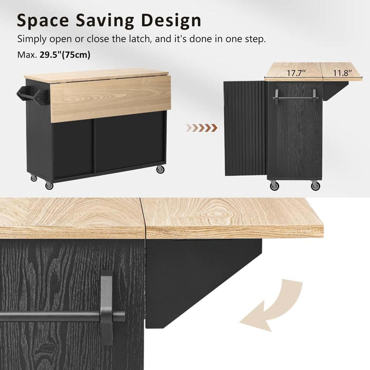 Kitchen Island with Drop Leaf with Drop Leaf Countertop with Storage and Dining Table, Kitchen Islands with Storage with Wheels Towel Rack， for Kitchen, Dining Room, Black