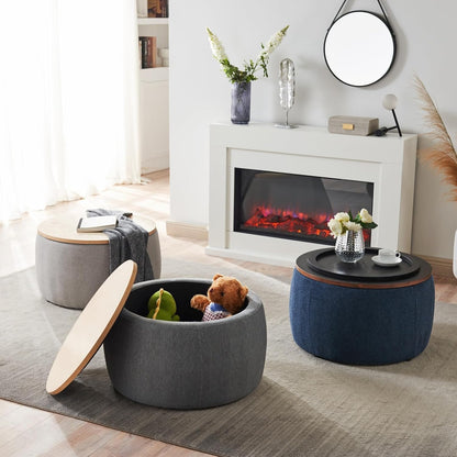 Round Storage Ottoman, 2 in 1 Function, Work as End Table and Ottoman, Navy (25.5"x25.5"x14.5")