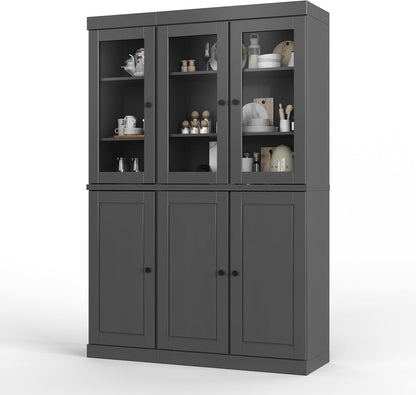Palace Imports 100% Solid 2-Drawer Pantry, 3 Glass & 3 Wood Doors, Gray, 48.5" w, Renewable Eco-Friendly Wood, Made in Brazil