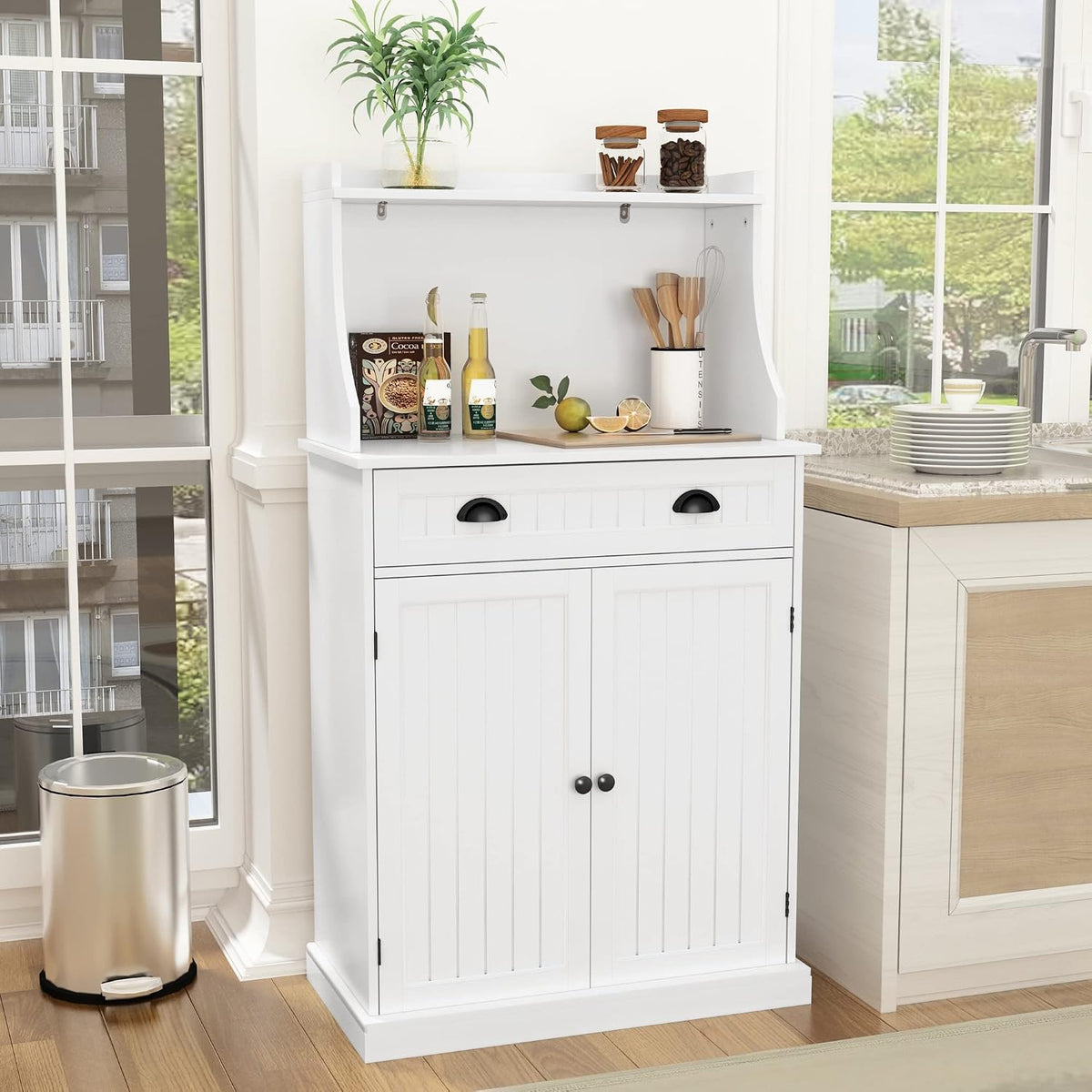 HLR 54" Kitchen Pantry Storage Cabinet with Drawer and Adjustable Shelves, Microwave Oven Cabinet with Doors for Kitchen, Bathroom or Hallway,White