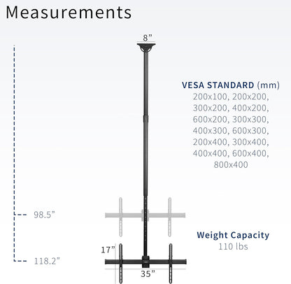 VIVO Black TV Ceiling Mount for 37 to 90 inch Screens, MOUNT-VC90-10 | Full Swivel, Telescoping Height Adjustment, 10ft Extension Pole, Fits Pitched/Vaulted Roof, Max VESA 800x400mm, Holds 110 lbs
