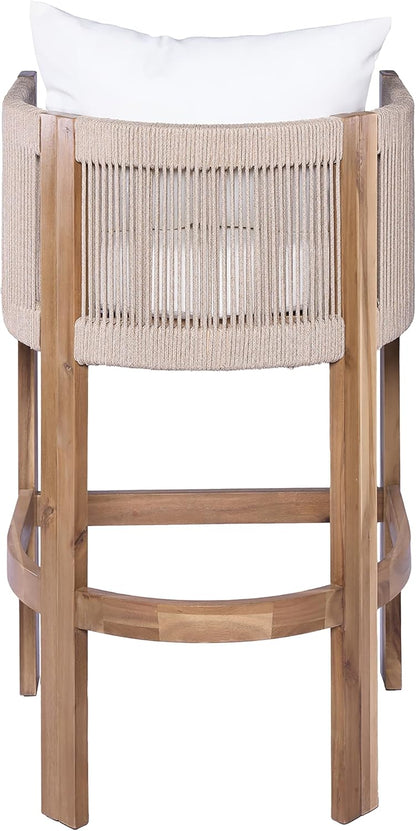 Merax Outdoor Bar Stools Set of 4, Rope Rattan Patio Barstools with Footrest and Cozy Cushions, Outdoor Acacia Wood Counter Height Bar Stools for Garden Backyard Pool Bar Chairs, Beige
