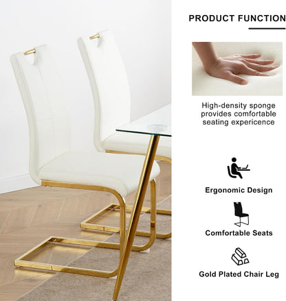 5-Piece Dining Room Table Set, Modern 36" Round Gold Glass Dining Table Set for 4, Kitchen and Dining Table Set with 4 White PU Leather Dining Chairs for Dining Room Kitchen