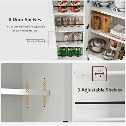 72'' Tall Mid-Century Kitchen Pantry with 3 Adjustable Shelves, Freestanding Storage Cabinet with 8 Door Shelves & 1 Hidden Drawer, Versatile Cupboard for Kitchen, Dining & Living Room,White