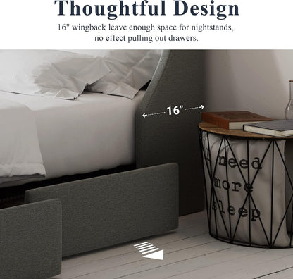 Allewie Queen Bed Frame with 4 Storage Drawers and Wingback Headboard, Button Tufted Design, No Box Spring Needed, Light Grey