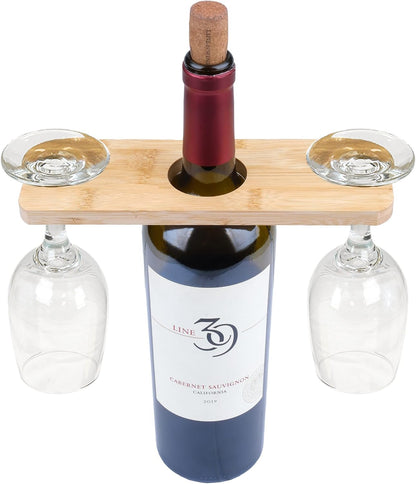 BambooVast- Wine Glass Holder and Bottle Stand, Bamboo Wine Butler with 2 Glass Slots, Countertop Wine Rack Display Caddy for Home Bar, Kitchen, and Dining Room Decor