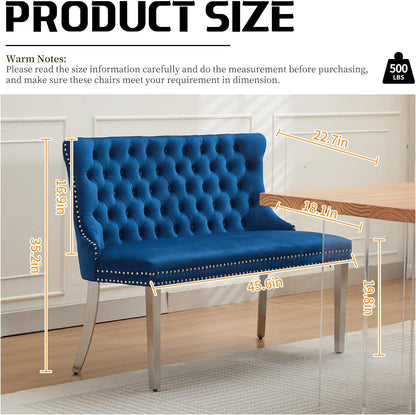 Shenyon Velvet Upholstered Dining Bench with Back, Tufted Loveseat Bench with Silver Stainless Steel Legs and Nailhead Trim, Banquette Seating for Dining Room, Kitchen, Entryway (Blue, Dining Bench)