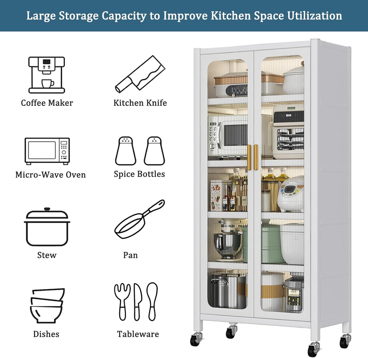 65" Tall Freestanding Kitchen Pantry Cabinet, 6-Tier Metal Food Pantry Storage Cabinet with Transparent Door, Adjustable Shelves and Rolling Wheels,Display Cabinet for Kitchen, Living Room,White