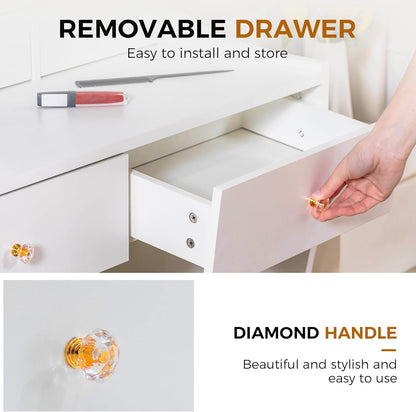 COMHOMA Makeup Vanity Desk with Mirror and Lights, Vanity Table and Chair Set with 5 Drawers & Charging Station, Modern Dressing Table for Girls, Stepless Dimmable & 3 Color Adjustable, Pearl White