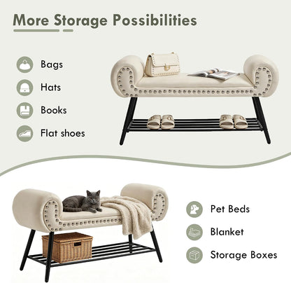 45" Entryway Bench with Shoe Storage，Modern Bedroom Velvet Fabric Upholstered with Stable Metal Frame and Solid Shelf for Bedroom, Living Room，Foyer, 330LB, Cream