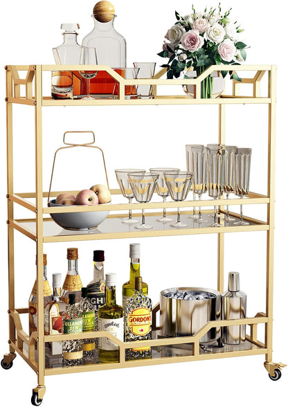 Square Gold Bar Carts with 3 Tier Storage Glass Shelves Holder Home Serving Bar Carts on Wheels for Kitchen, Bar, Dinning Room