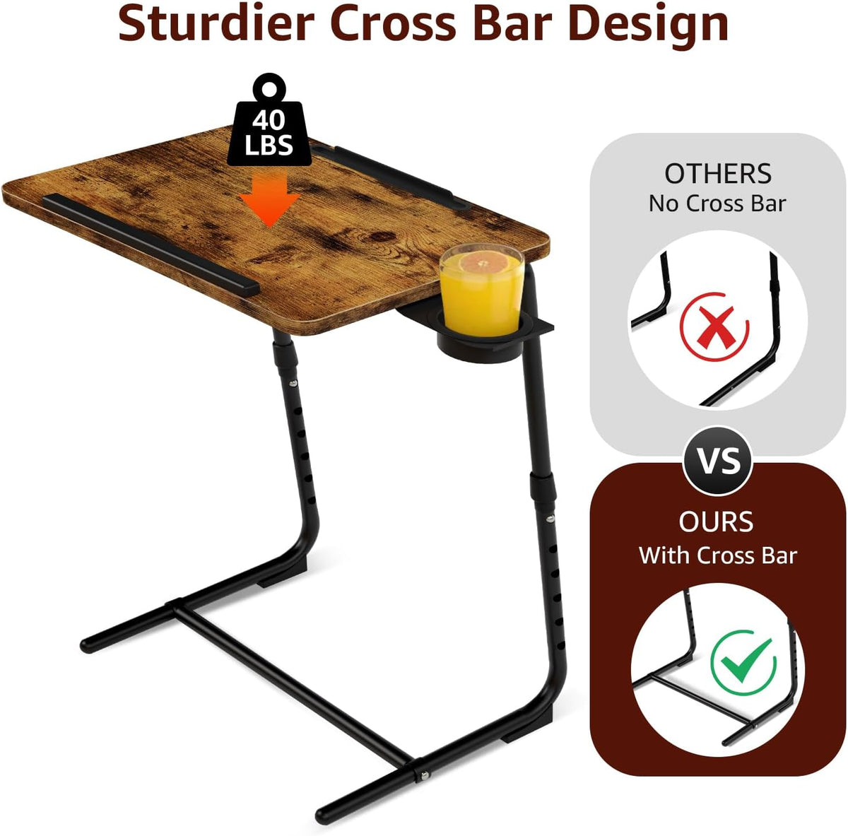 TV Trays Set of 4 - Folding TV Tray Adjustable Dinner Trays for Eating On Couch Wooden Tables Mate Stand Foldable Rustic Desk with Cup Holder Portable