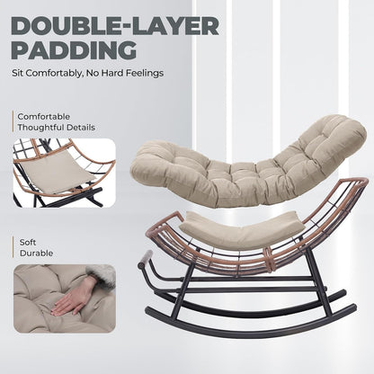 COMHOMA Outdoor Rocking Papasan Chair, Oversized Wicker Patio Rocker, Indoor Comfy Wicker Reading Lounge, Bed-Like Comfort Egg Chair for Bedroom,Balcony, Porch, Garden, Brown