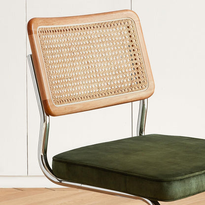 GrandNoor Rattan Dining Chairs Set of 4, Wooden Mid Century Modern Dining Room Chairs, Mesh Back Cane Kitchen Chair, Cesca Design Chairs with Metal Chrome Legs, Green
