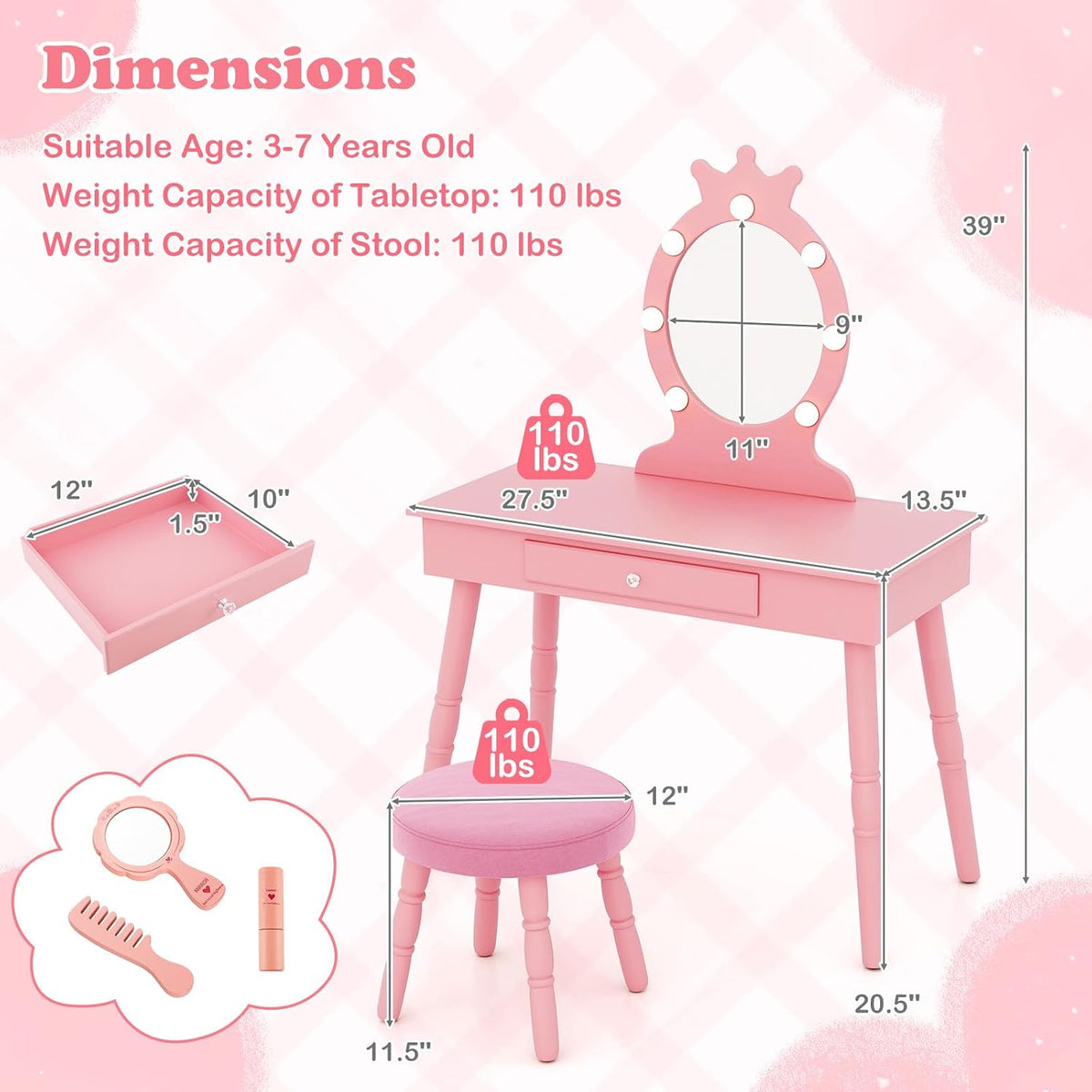 HONEY JOY Kids Vanity with Lights, Princess Wooden Makeup Table & Stool with Drawer, 3-Color LED Lights, Toddler Dressing Vanity for Little Girls, Pretend Play Kids Vanity Table and Chair Set (Pink)