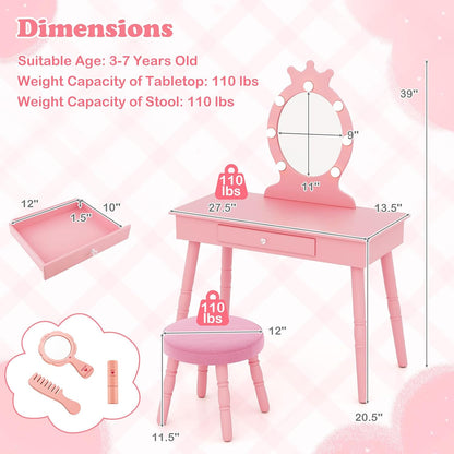 HONEY JOY Kids Vanity with Lights, Princess Wooden Makeup Table & Stool with Drawer, 3-Color LED Lights, Toddler Dressing Vanity for Little Girls, Pretend Play Kids Vanity Table and Chair Set (Pink)