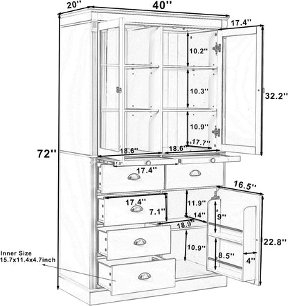Tall Kitchen Pantry Cabinet with Glass Doors, Display Cabinet Coffee Bar Cabinet with Drawers, Serving Trays and Shelves for Dining Room, Living Room (Blue)