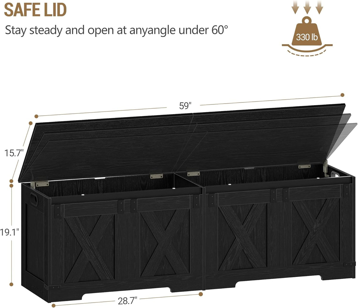 Hzuaneri 59" Storage Chest, Large Storage Trunk with 2 Hinges, Farmhouse Wooden Box Bench, Lift-Top Organizer Chest, Entryway Trunk for Bedroom, Living Room, Black SB15004X