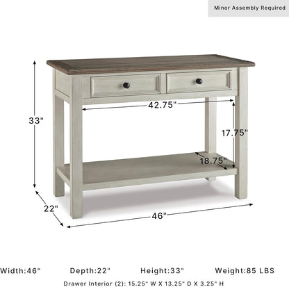 Signature Design by Ashley Bolanburg Farmhouse Sofa Console Table, White | Two-tone wood console, 22-inch deep storage, 2 smooth drawers, Made of veneers, wood and engineered wood
