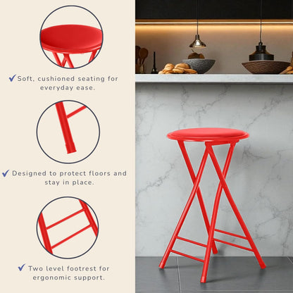 Lavish Home Folding Stool - Set of 2 Counter Height Bar Stools – 24-Inch Backless Folding Chairs with 225lb Capacity for Kitchen, Rec Room, or Game Room (Red)