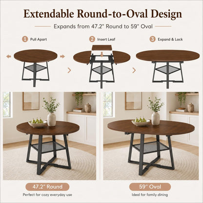 Round Extendable Dining Table, 47.2 to 59 Inch Kitchen Table for 4 to 6 People, Farmhouse Dining Room Table with Metal Mesh Storage Shelf, Walnut Wood Grain Top for Small Spaces Apartment