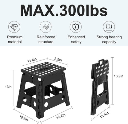 VECELO Folding Step Stool 13 Inch, Non-Slip Surface Portabl Foldable 1 Step Stool with Carry Handle, Heavy Duty to Support Kids/Toddler/Adults for Living Room Kitchen, Bathroom, Set of 2, Black