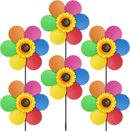 6PCS Sunflower Wind Spinners with Stakes 14" W x 29" H Wind Spinners Lawn Pinwheel Rainbow Windmill Outdoor Pinwheels for Yard Decoration（Rainbowcolors）