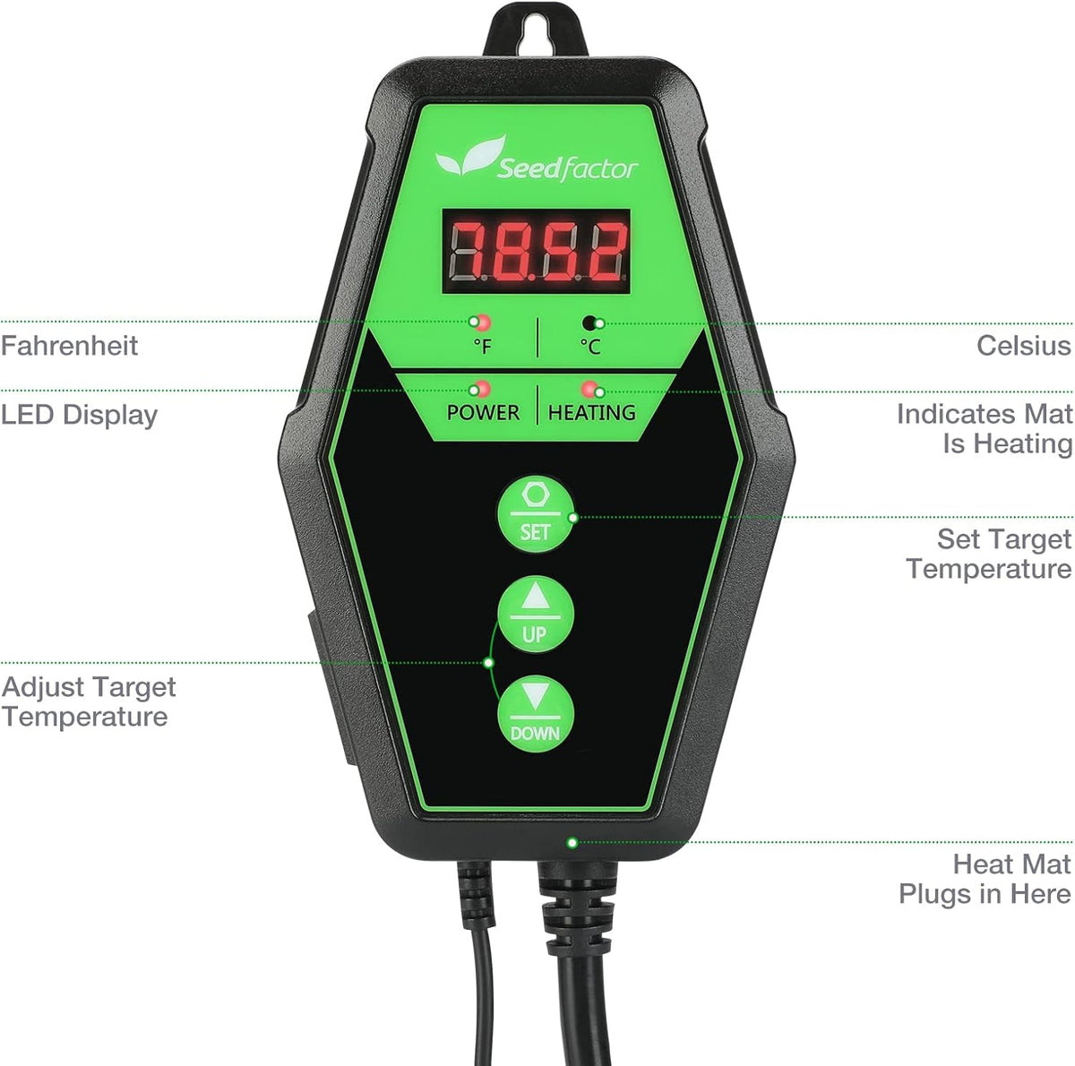 Seedfactor Digital Heat Mat Thermostat Controller for Seed Germination, Reptiles and Brewing Breeding Incubation Greenhouse, 40-108°F, 8.3A 1000W FCC-Certified, UL-Listed