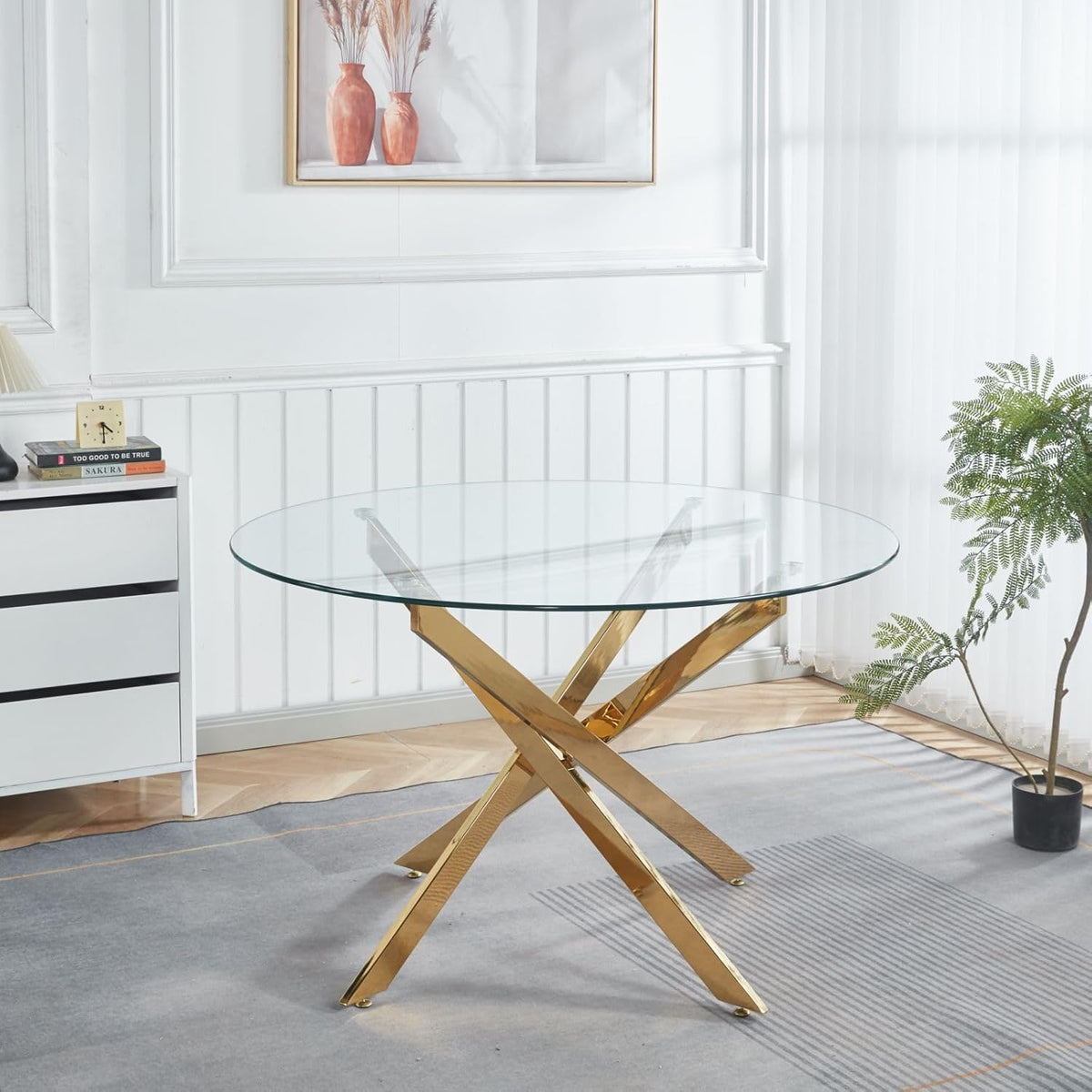 47.24" Round Dining Table for 6 8, Modern Clear Glass Kitchen Table for 6 with Gold X Metal Legs, Contemporary Circle Dining Room Leisure Tables for Kitchen Apartment