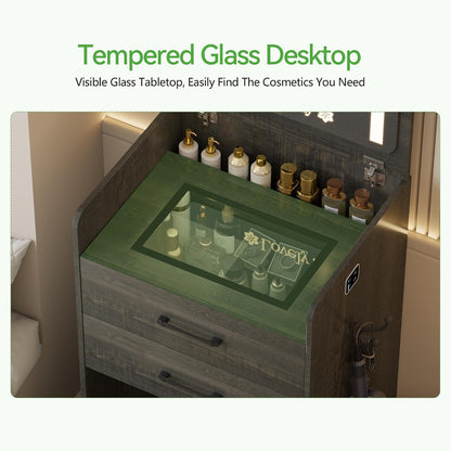 HNEBC 3 in 1 Vanity Desk with Plip Top LED Mirror for Bedroom,Rustic Oaky | Small Dressing Table with Visible Glass Desktop,Compact Vanity with 3 Drawers,Storage Compartment and Padded Stool